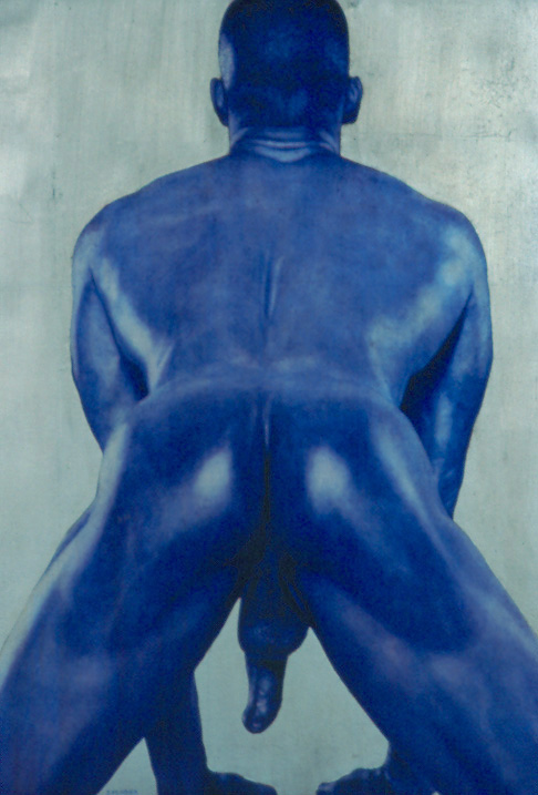 Tony in blue - Oil and metal leaf on paper